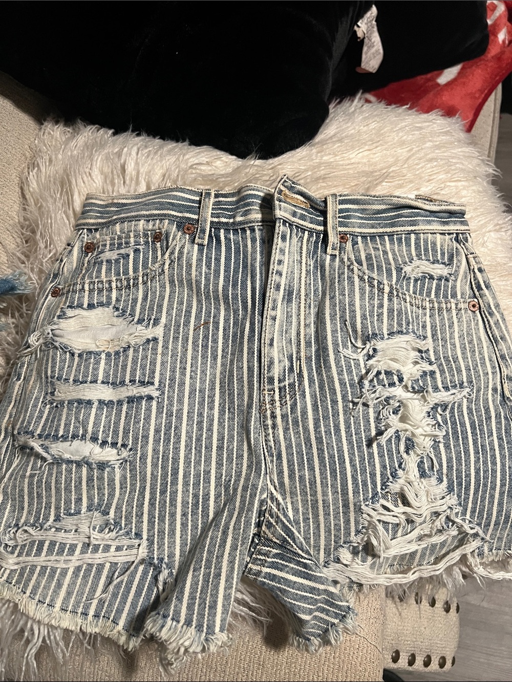 American Eagle Outfitters Striped Distressed Denim Shorts - Blue & White